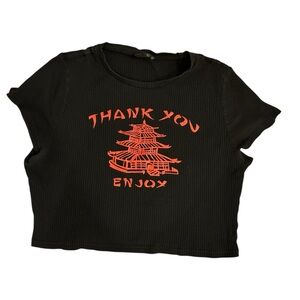 Black and Red Graphic Crop Top with Pagoda Design